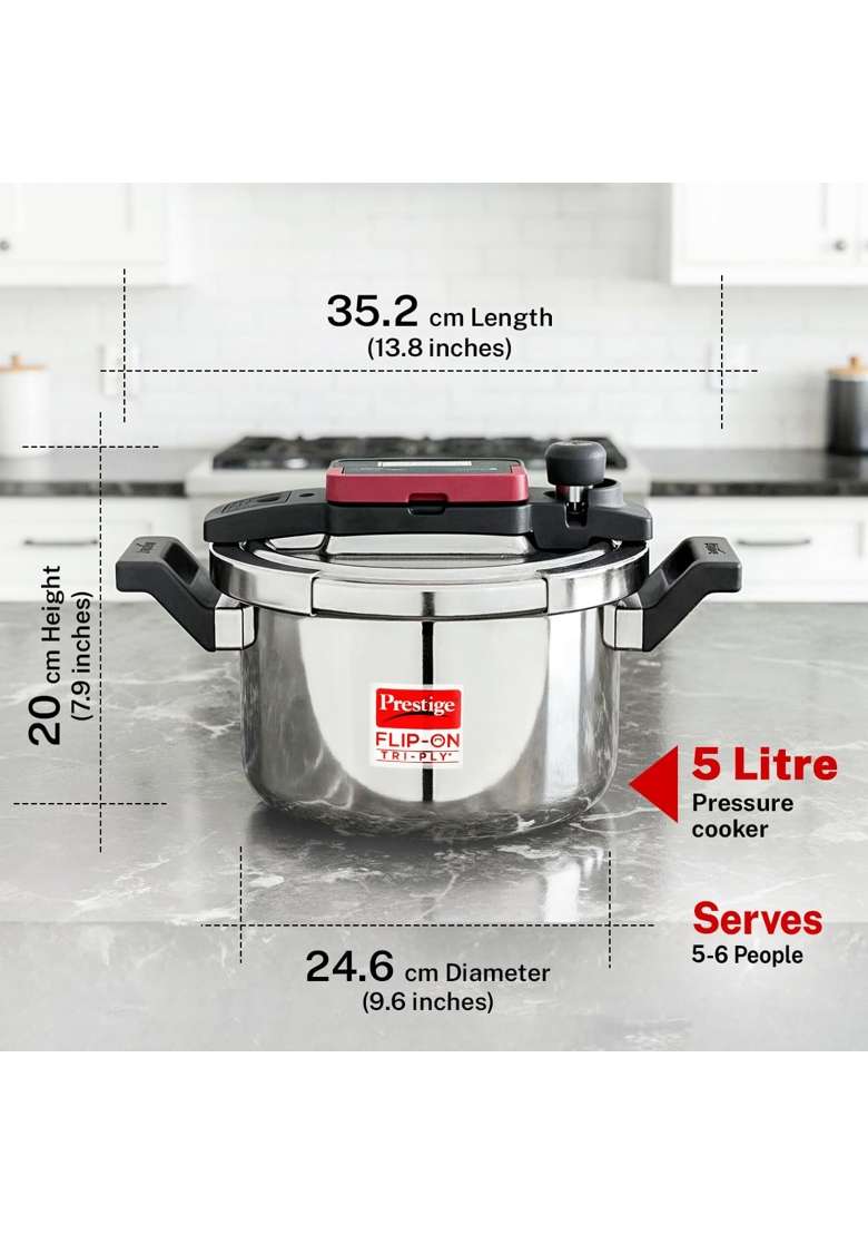 Prestige Flip on Triply Stainless Steel Pressure Cooker with Glass Lid | 5 L | 5.3 Qt | Induction Compatible - Indya