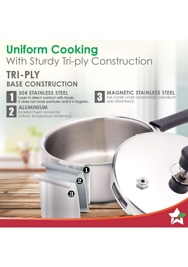 Wonderchef Nigella Triply Stainless Steel Pressure Cooker | 5 L | 5.3 Qt | Induction Compatible - Indya