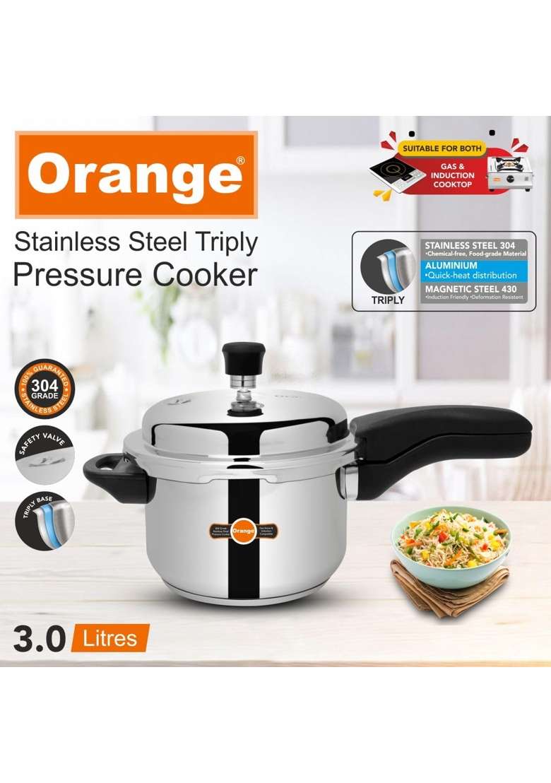 Orange Triply Stainless Steel Pressure Cooker | 3 L | 3.2 Qt | Induction Compatible | Heavy Bottom - Indya