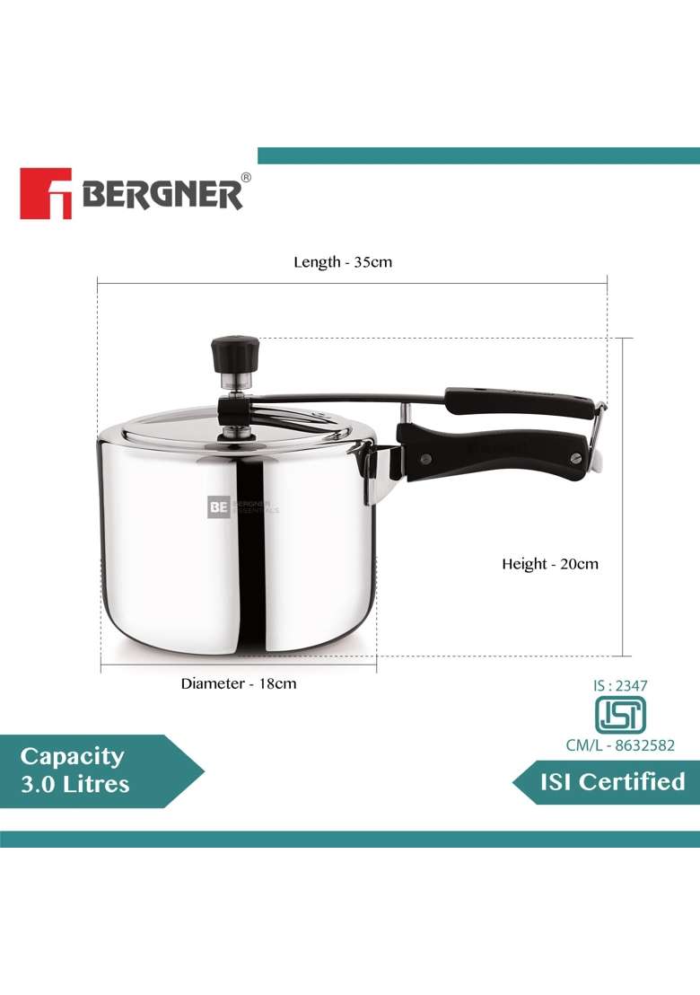 BERGNER BE Essentials Tripro Triply Stainless Steel Inner Lid Pressure Cooker | 3 L | 3.2 Qt | Induction Compatible - Indya