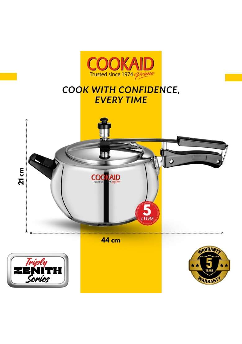 COOKAID Triply Zenith Series Inner Lid Pressure Cooker | 5 L | 5.3 Qt | Induction Compatible - Indya