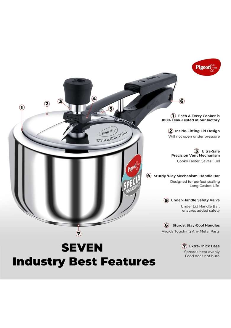 Pigeon By Stovekraft Special Stainless Steel Inner Lid Induction Base Pressure Cooker | 2 L | 2.1 Qt - Indya