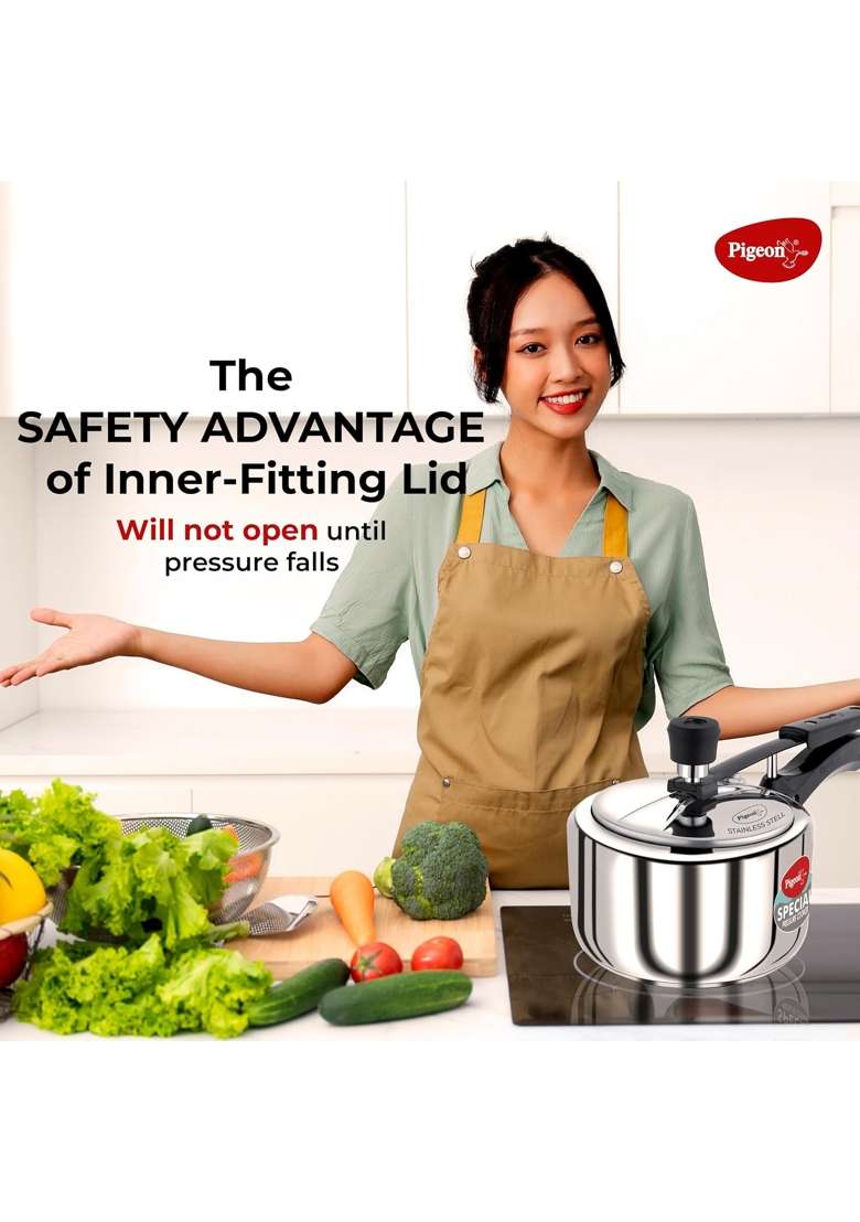 Pigeon By Stovekraft Special Stainless Steel Inner Lid Induction Base Pressure Cooker | 2 L | 2.1 Qt - Indya