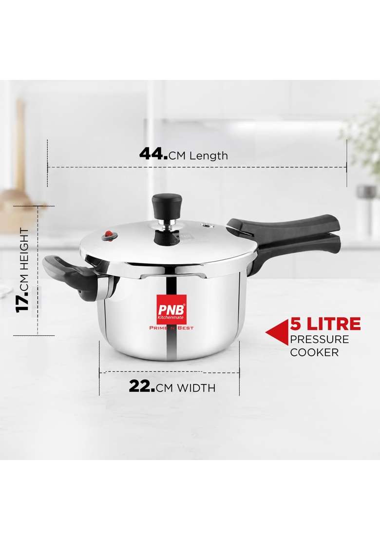 PNB Kitchenmate Triply Stainless Steel Pressure Cooker Outer Lid with Dual Safety | 5 L | 5.3 Qt | Induction Compatible | Heavy Bottom - Indya