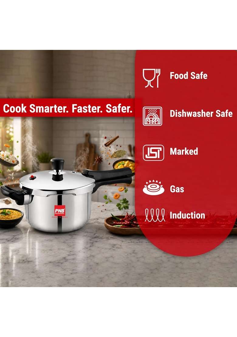 PNB Kitchenmate Triply Stainless Steel Pressure Cooker Outer Lid with Dual Safety | 5 L | 5.3 Qt | Induction Compatible | Heavy Bottom - Indya