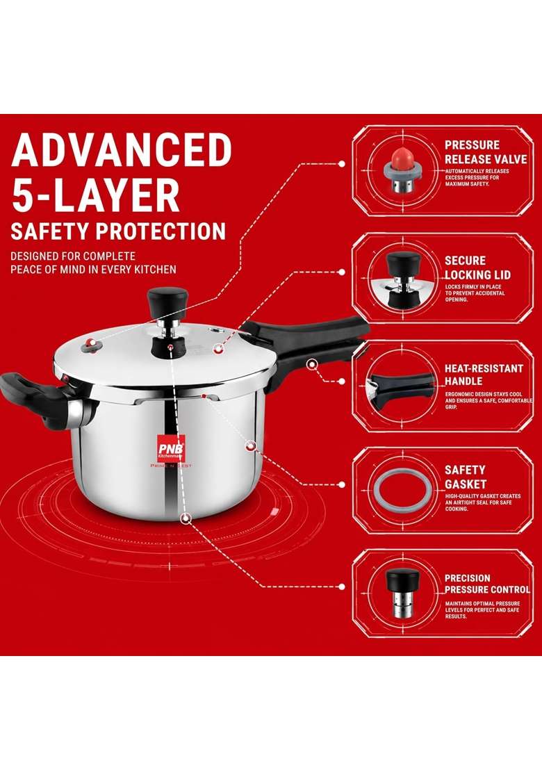 PNB Kitchenmate Triply Stainless Steel Pressure Cooker Outer Lid with Dual Safety | 5 L | 5.3 Qt | Induction Compatible | Heavy Bottom - Indya