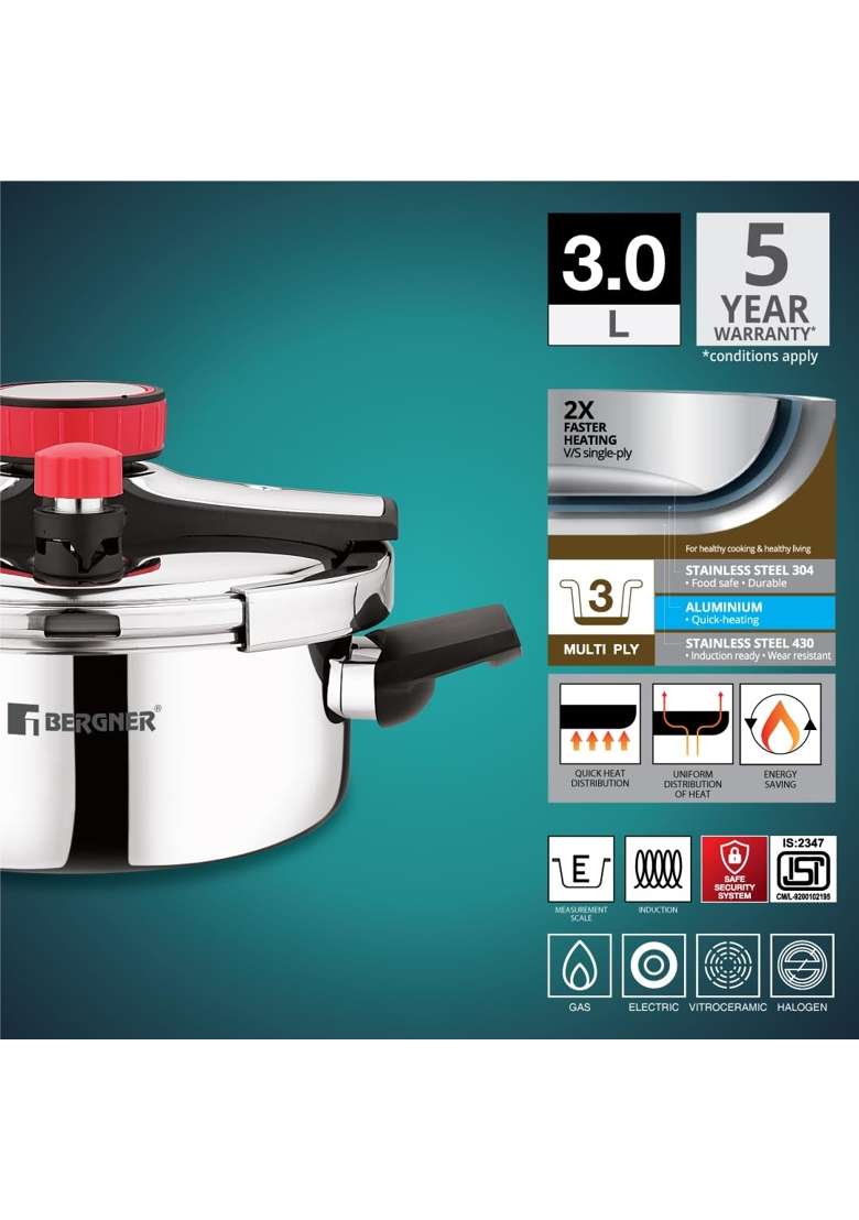 BERGNER Capri Triply Pressure Cooker | 3 L | 3.2 Qt - Indya