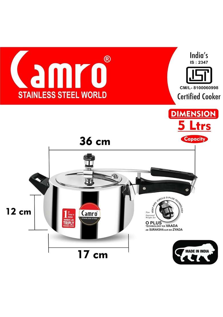 Camro Steel Camro Triply Pressure Cooker Stainless Steel | 5 L | 5.3 Qt | Induction Compatible - Indya