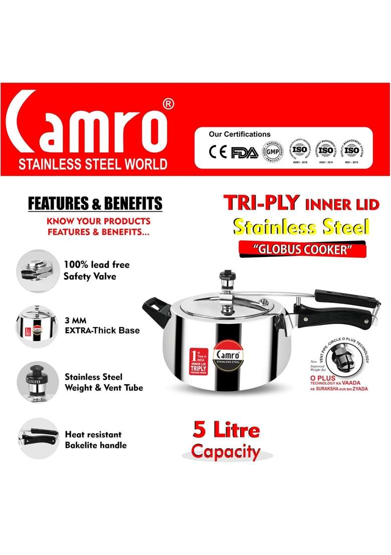 Camro Steel Camro Triply Pressure Cooker Stainless Steel | 5 L | 5.3 Qt | Induction Compatible - Indya