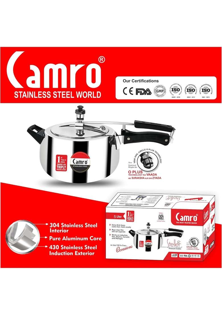 Camro Steel Camro Triply Pressure Cooker Stainless Steel | 5 L | 5.3 Qt | Induction Compatible - Indya