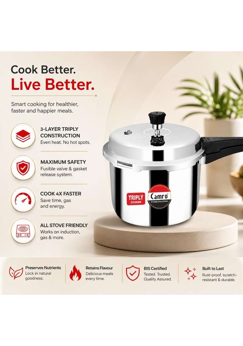 Camro Steel Camro Triply Pressure Cooker Stainless Steel | 5.5 L | 5.8 Qt | Induction Compatible - Indya