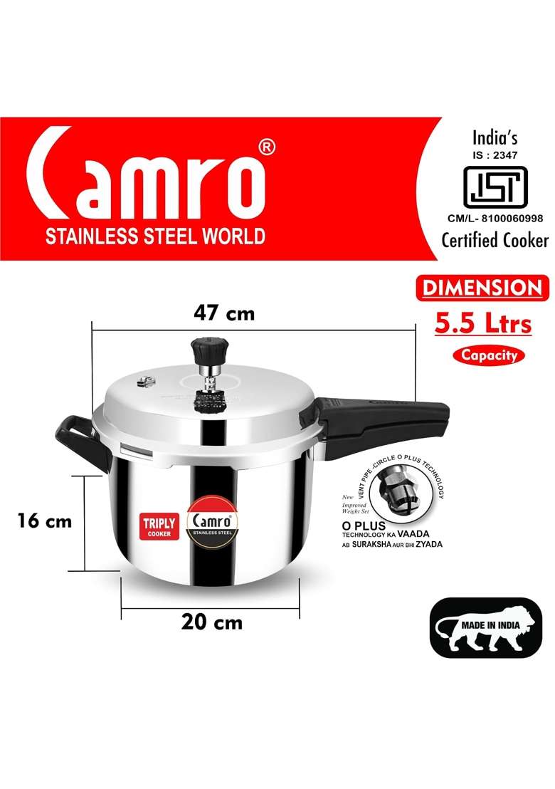 Camro Steel Camro Triply Pressure Cooker Stainless Steel | 5.5 L | 5.8 Qt | Induction Compatible - Indya