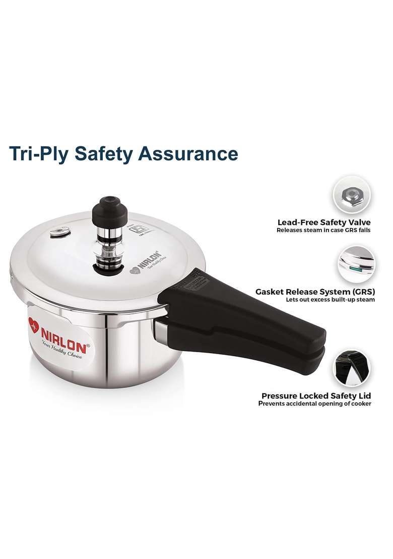 NIRLON Triply Stainless Steel Outer Lid Pressure Cooker Compatible with Gas and Induction | 1.5 L | 1.6 Qt - Indya