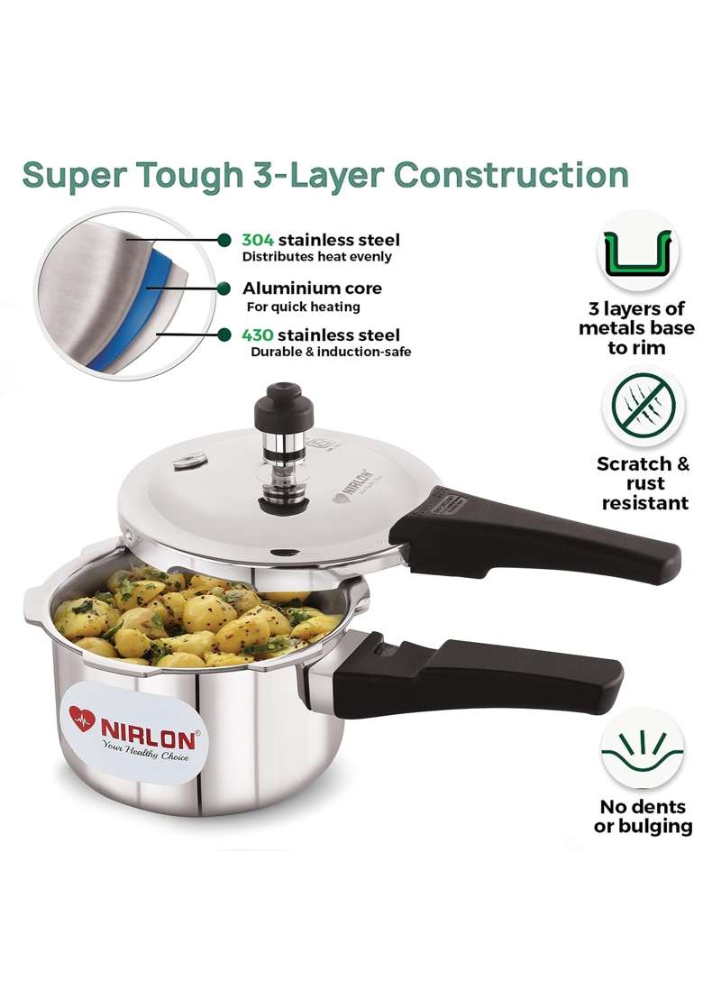 NIRLON Triply Stainless Steel Outer Lid Pressure Cooker Compatible with Gas and Induction | 1.5 L | 1.6 Qt - Indya