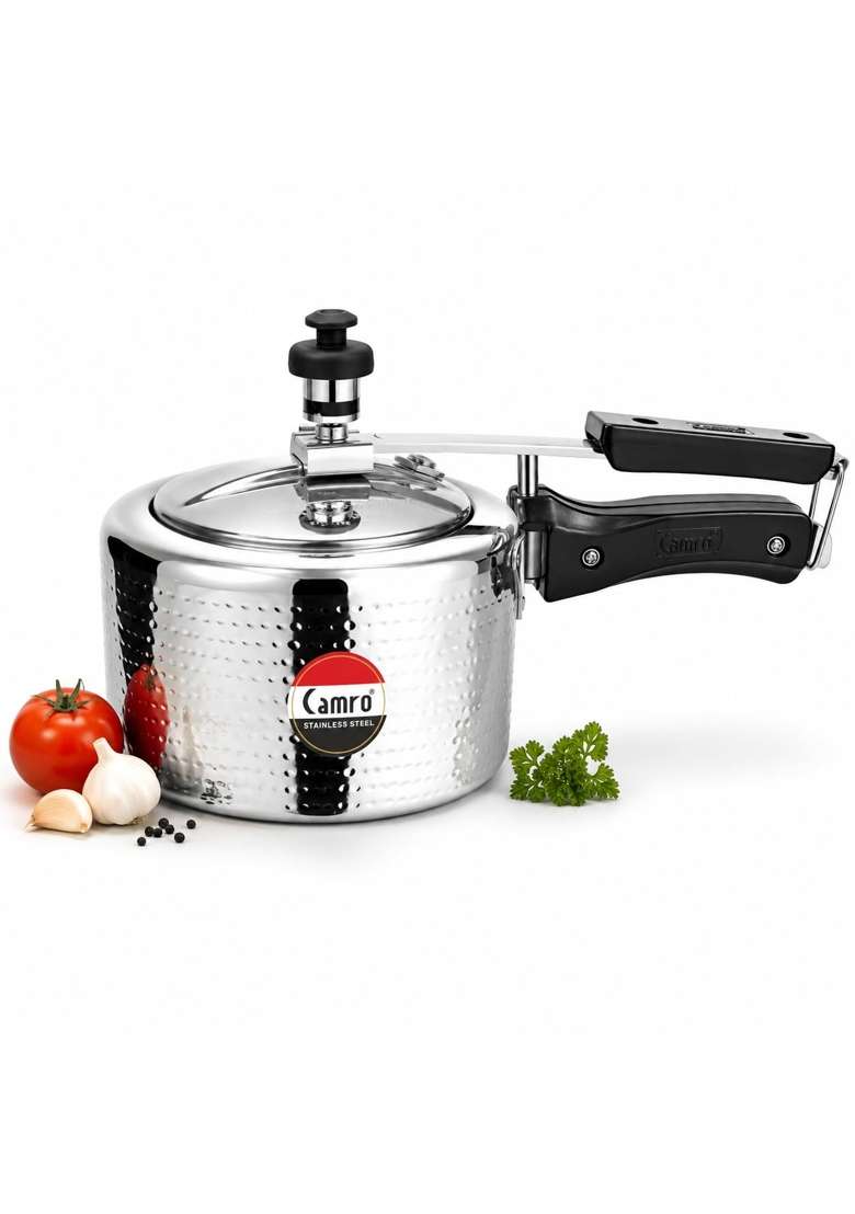 Camro Steel Camro Triply Pressure Cooker Stainless Steel | 3 L | 3.2 Qt | Induction Compatible | Hammered Finish - Indya