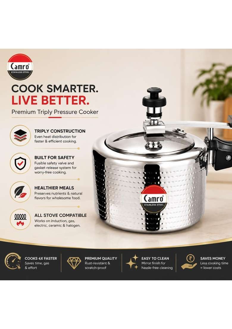 Camro Steel Camro Triply Pressure Cooker Stainless Steel | 3 L | 3.2 Qt | Induction Compatible | Hammered Finish - Indya