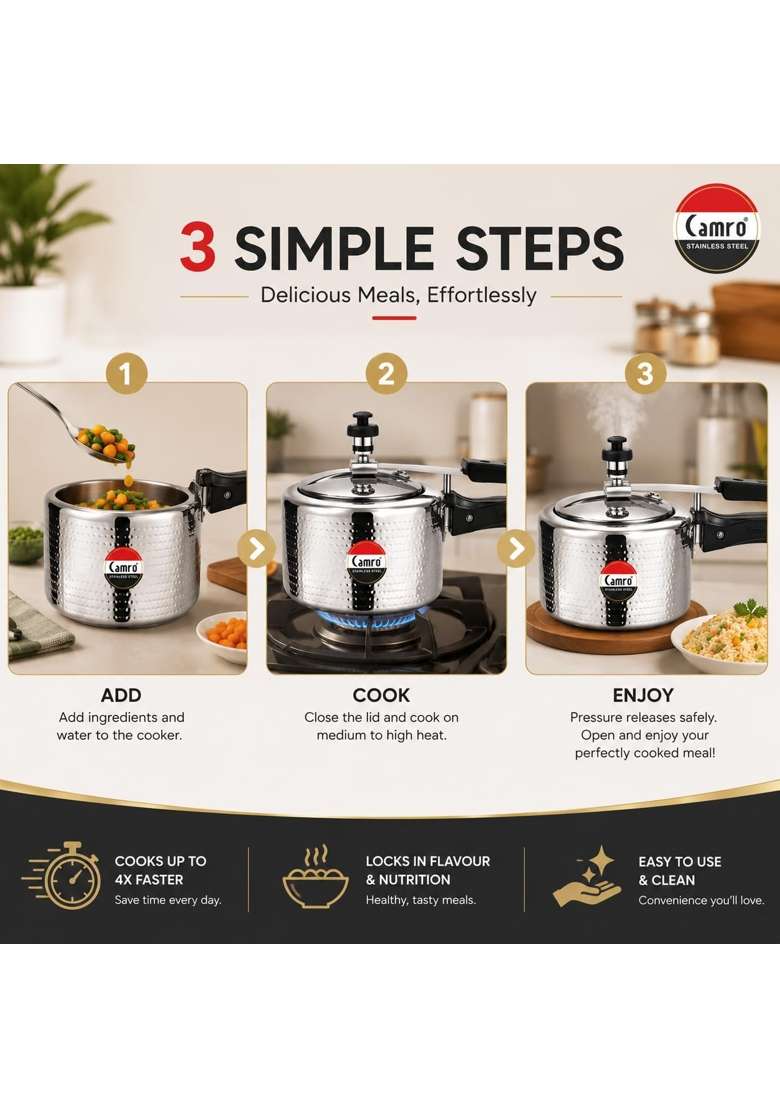 Camro Steel Camro Triply Pressure Cooker Stainless Steel | 3 L | 3.2 Qt | Induction Compatible | Hammered Finish - Indya