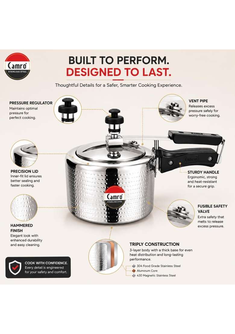 Camro Steel Camro Triply Pressure Cooker Stainless Steel | 3 L | 3.2 Qt | Induction Compatible | Hammered Finish - Indya