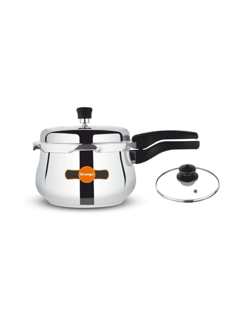 Orange Triply Stainless Steel Outer Lid Pressure Cooker Handi Cooking Pot | 2.5 L | 2.6 Qt | Induction Compatible | Heavy Bottom - Indya