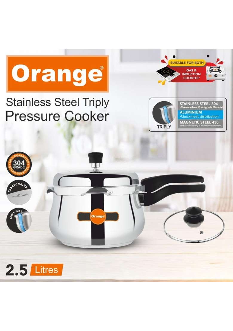 Orange Triply Stainless Steel Outer Lid Pressure Cooker Handi Cooking Pot | 2.5 L | 2.6 Qt | Induction Compatible | Heavy Bottom - Indya