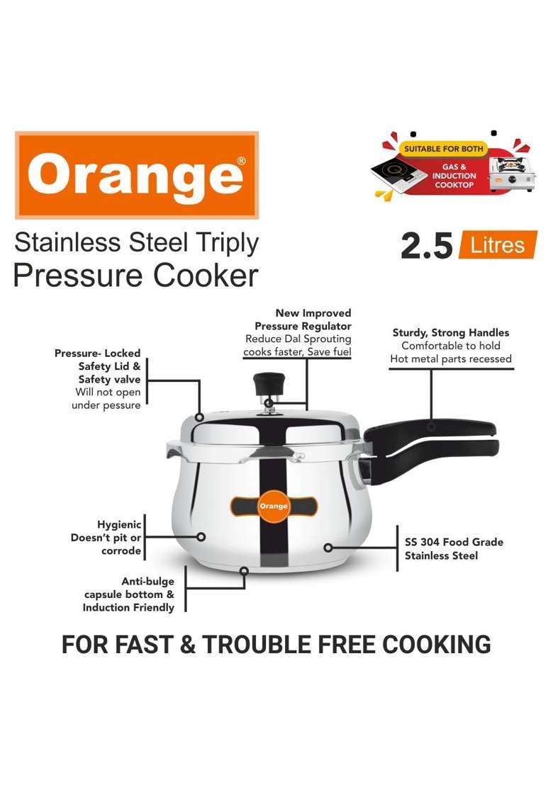 Orange Triply Stainless Steel Outer Lid Pressure Cooker Handi Cooking Pot | 2.5 L | 2.6 Qt | Induction Compatible | Heavy Bottom - Indya