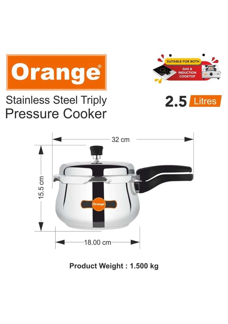 Orange Triply Stainless Steel Outer Lid Pressure Cooker Handi Cooking Pot | 2.5 L | 2.6 Qt | Induction Compatible | Heavy Bottom - Indya