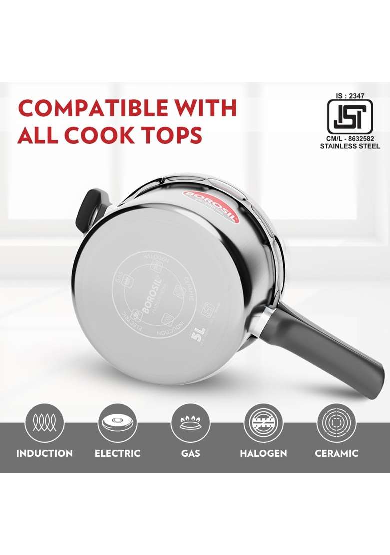 Borosil Triply Pressure Cooker | 5 L | 5.3 Qt | Induction Compatible | Dishwasher Safe | Food Safe - Indya