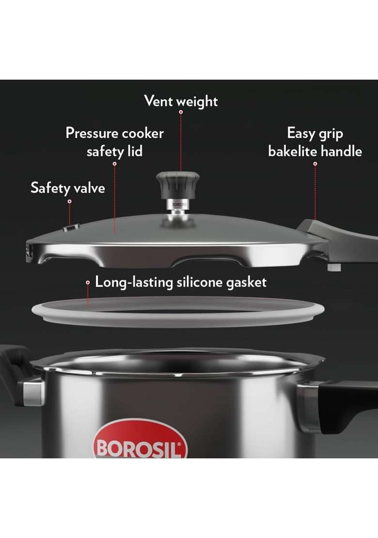 Borosil Triply Pressure Cooker | 5 L | 5.3 Qt | Induction Compatible | Dishwasher Safe | Food Safe - Indya