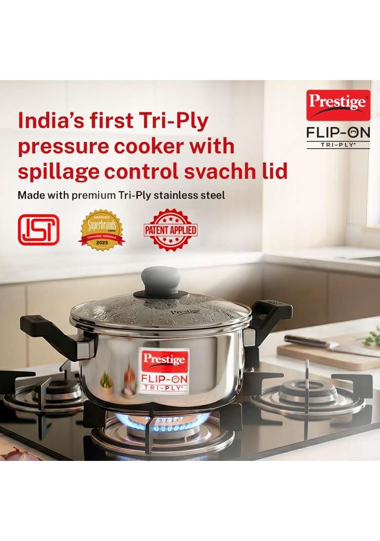 Prestige Flip on Triply Stainless Steel Pressure Cooker with Glass Lid | 2 L | 2.1 Qt | Induction Compatible - Indya