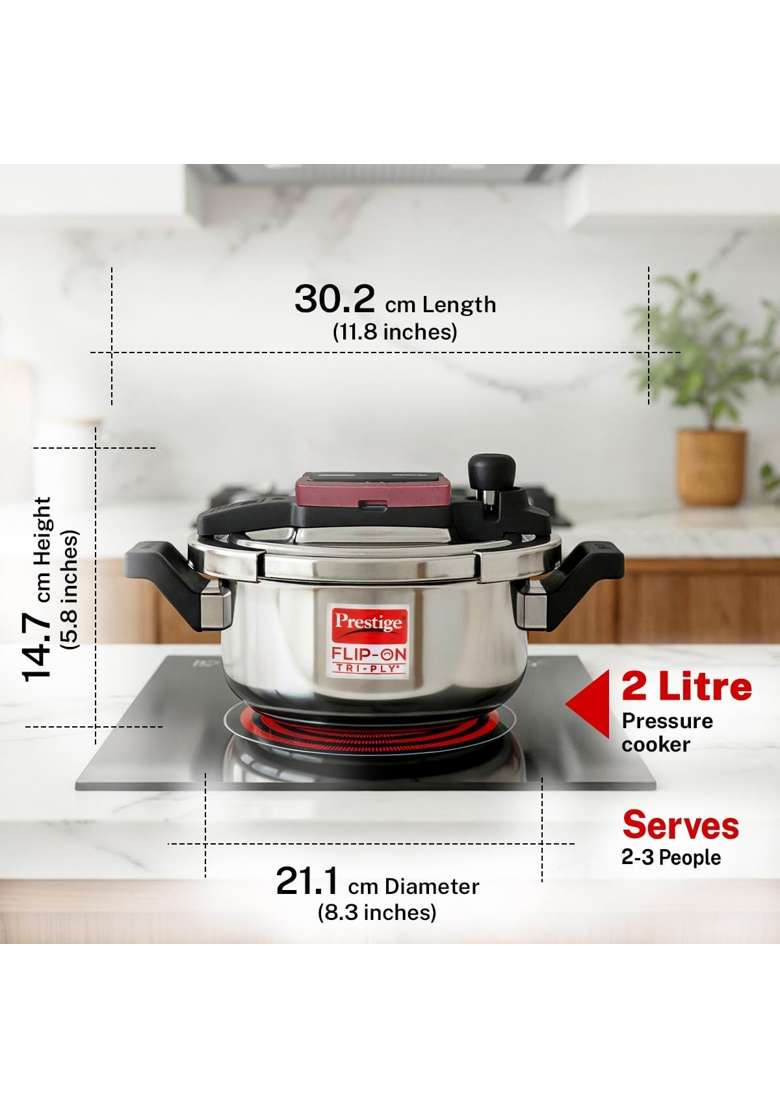 Prestige Flip on Triply Stainless Steel Pressure Cooker with Glass Lid | 2 L | 2.1 Qt | Induction Compatible - Indya