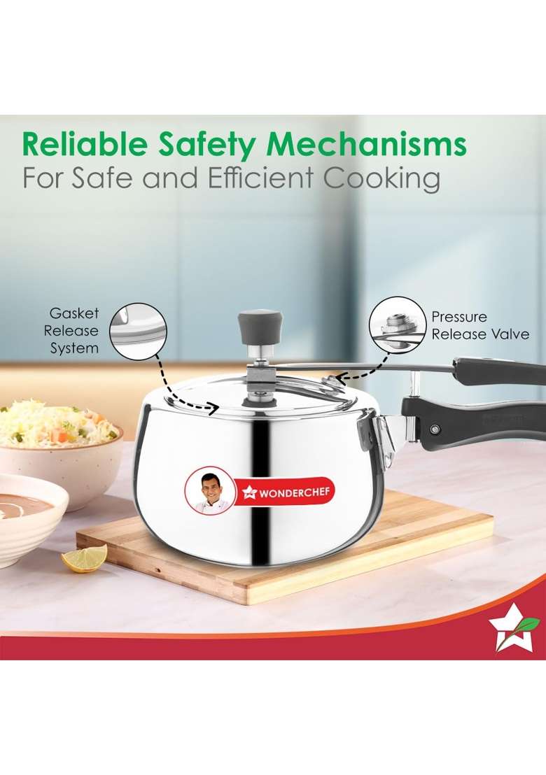 Wonderchef Nigella Triply Stainless Steel Pressure Cooker | 2 L | 2.1 Qt | Induction Compatible - Indya