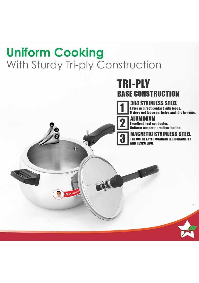 Wonderchef Nigella Triply Stainless Steel Pressure Cooker | 2 L | 2.1 Qt | Induction Compatible - Indya