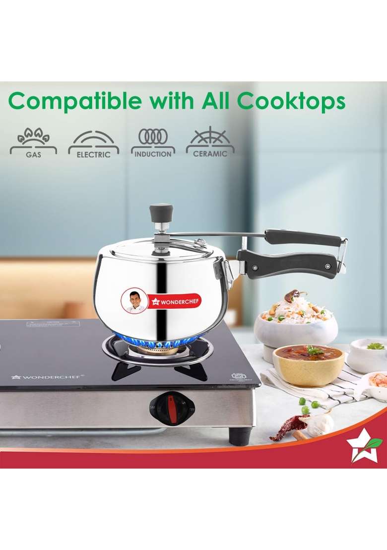 Wonderchef Nigella Triply Stainless Steel Pressure Cooker | 2 L | 2.1 Qt | Induction Compatible - Indya
