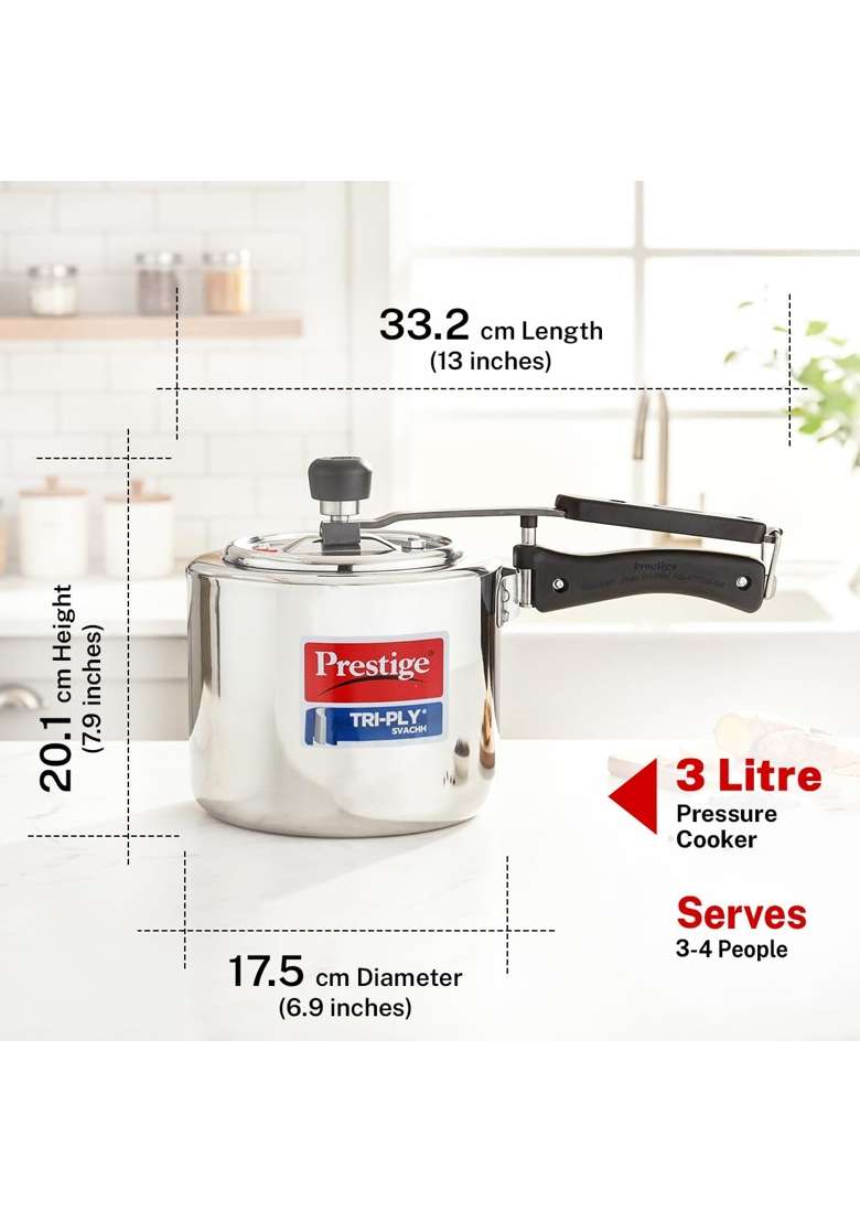Prestige Triply Svachh Inner Lid Pressure Cooker | 3 L | 3.2 Qt | Induction Compatible - Indya