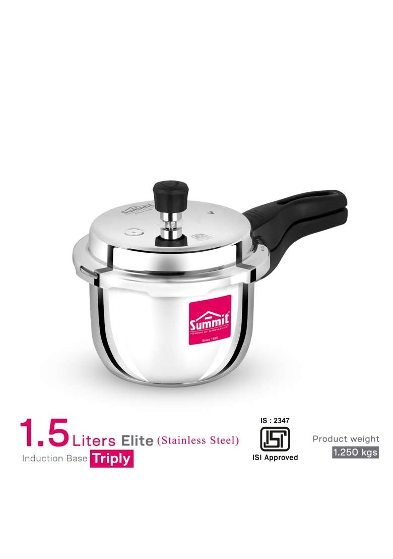 SUMMIT OuterLid Induction Base Triply Elite Stainless Steel Pressure Cooker | 1.5 L | 1.6 Qt - Indya