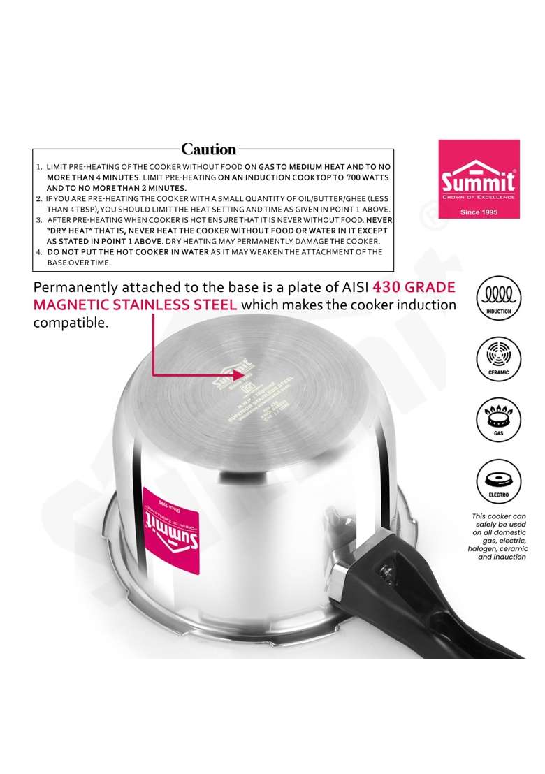 SUMMIT OuterLid Induction Base Triply Elite Stainless Steel Pressure Cooker | 1.5 L | 1.6 Qt - Indya