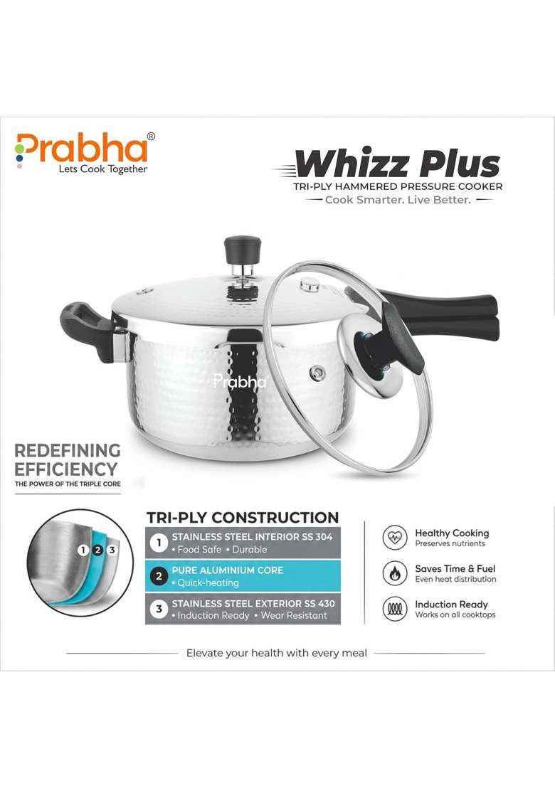 Prabha TriPly Whizz Plus Hammered Bakelite Handle Pressure Cooker | 1 L | 1.1 Qt | Induction Compatible - Indya