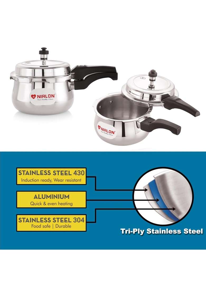 NIRLON Induction and Gas Stove Compatible Outer Lid Belly Triply Stainless Steel | 2 L | 2.1 Qt - Indya