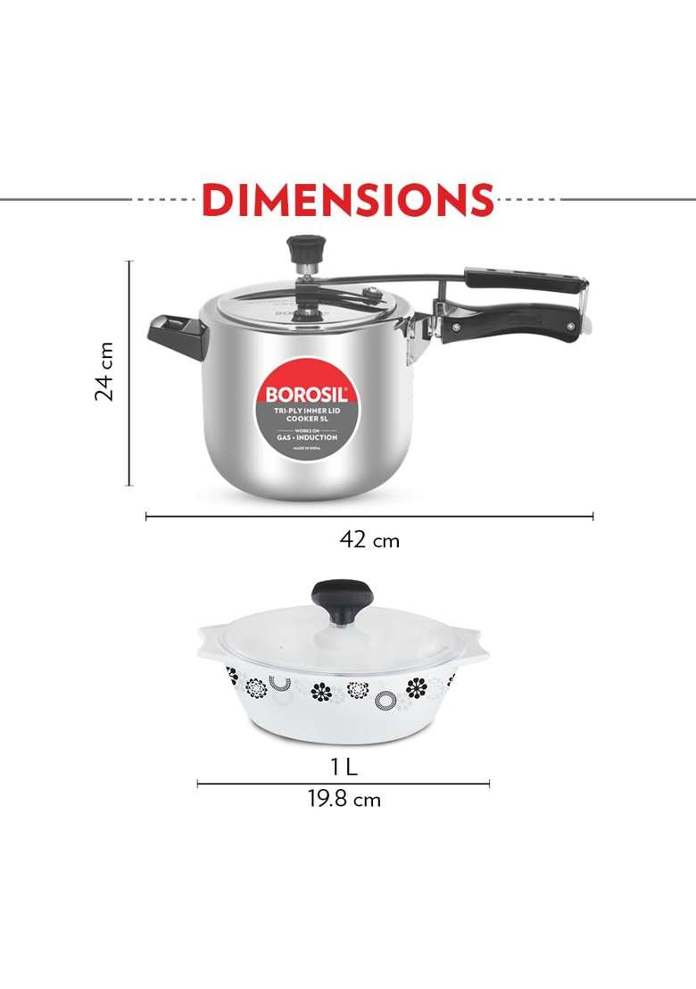 Borosil Home Chef Stainless Steel Inner Lid Pressure Cooker with Opalware Casserole Set | 5 L | 5.3 Qt | Pack of 2 | Food Safe - Indya