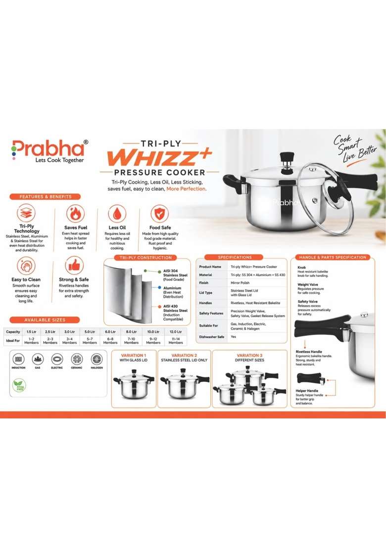 Prabha TriPly Whizz Plus Bakelite Handle Pressure Cooker | 2.5 L | 2.6 Qt | Induction Compatible - Indya