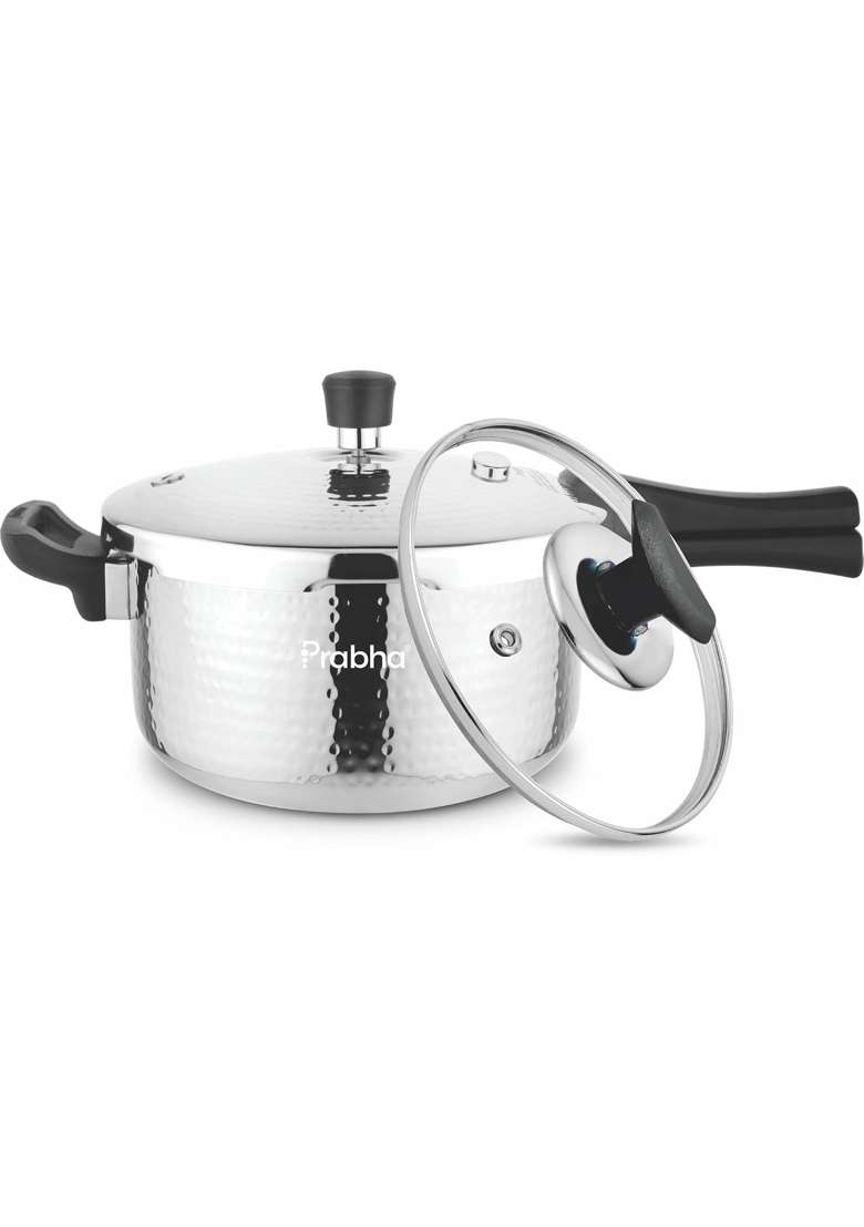 Prabha TriPly Whizz Plus Hammered Bakelite Handle Pressure Cooker | 2.5 L | 2.6 Qt | Induction Compatible - Indya