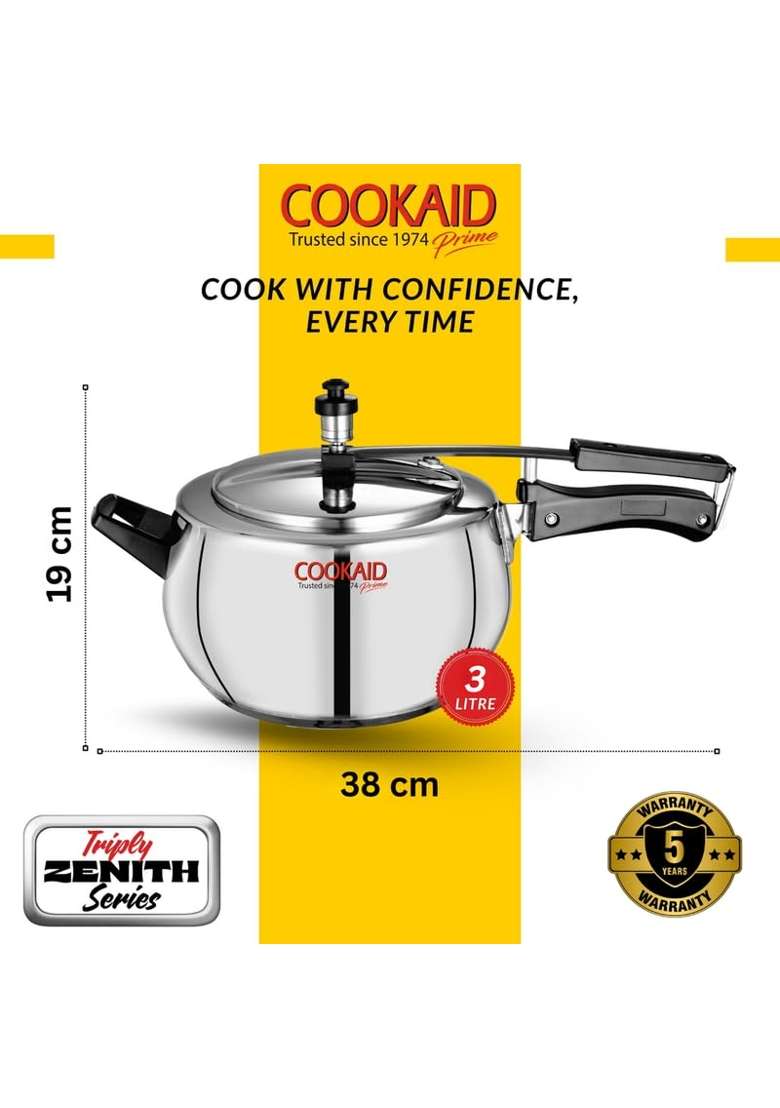Cookaid Triply Stainless Steel Pressure Cooker with Inner Lid Induction and Gas Stove | 3 L | 3.2 Qt - Indya