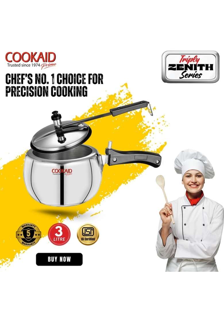 Cookaid Triply Stainless Steel Pressure Cooker with Inner Lid Induction and Gas Stove | 3 L | 3.2 Qt - Indya