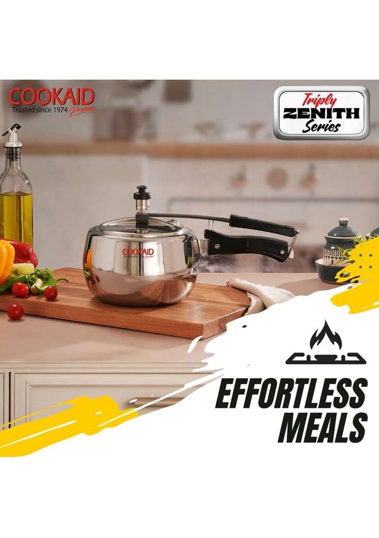 Cookaid Triply Stainless Steel Pressure Cooker with Inner Lid Induction and Gas Stove | 3 L | 3.2 Qt - Indya