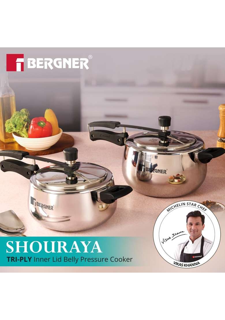 BERGNER Shouraya Triply Stainless Steel Inner Lid Pressure Cooker | 2.5 L | 2.6 Qt | Induction Compatible - Indya