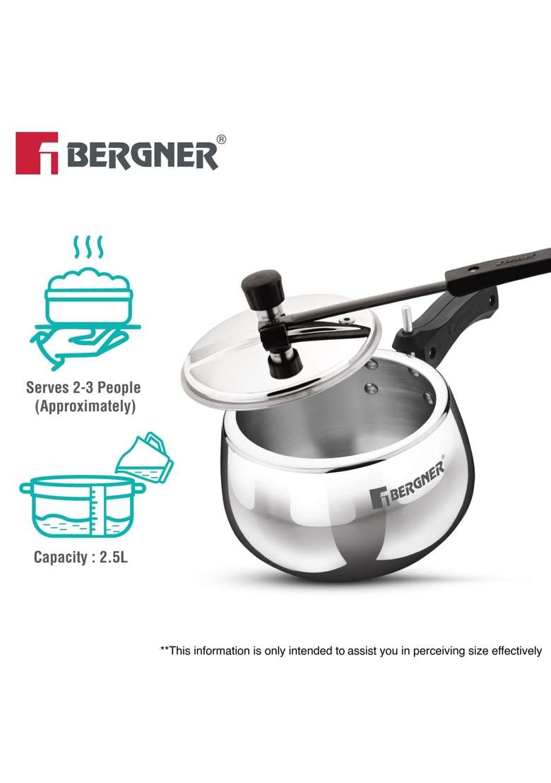 BERGNER Shouraya Triply Stainless Steel Inner Lid Pressure Cooker | 2.5 L | 2.6 Qt | Induction Compatible - Indya