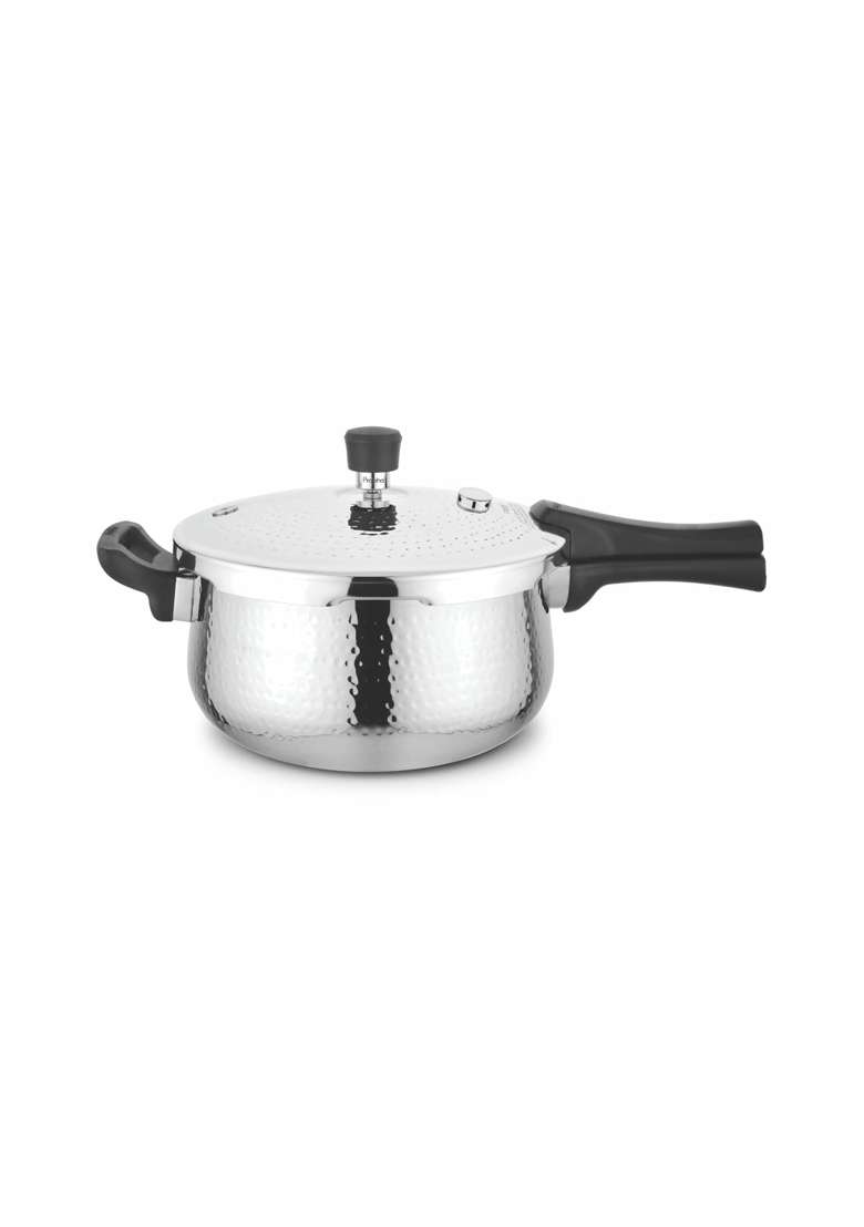 Prabha Stainless Steel Pressure Cooker | 3 L | 3.2 Qt | Induction Compatible | Non-Stick | Tri-Ply | Hammered Finish - Indya