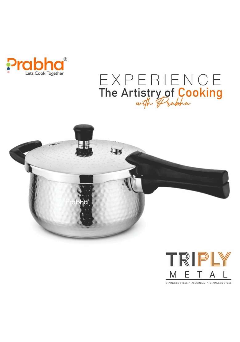 Prabha Stainless Steel Pressure Cooker | 3 L | 3.2 Qt | Induction Compatible | Non-Stick | Tri-Ply | Hammered Finish - Indya
