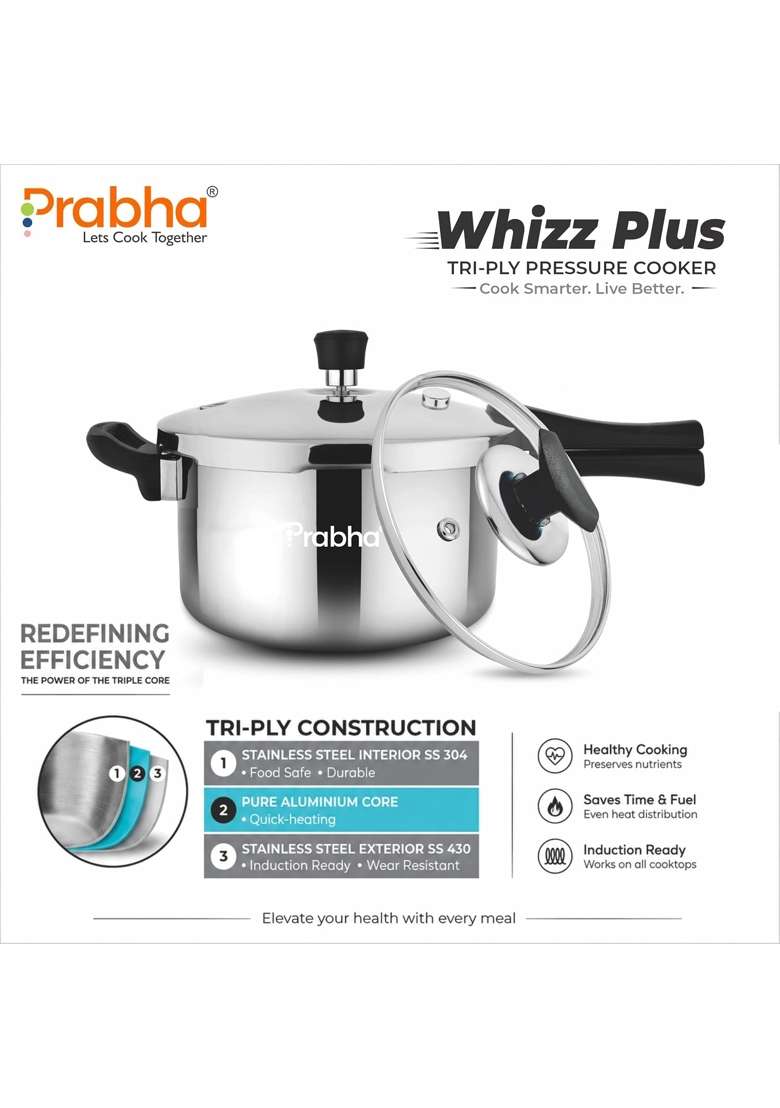 Prabha TriPly Whizz Plus Bakelite Handle Pressure Cooker | 5 L | 5.3 Qt | Induction Compatible - Indya
