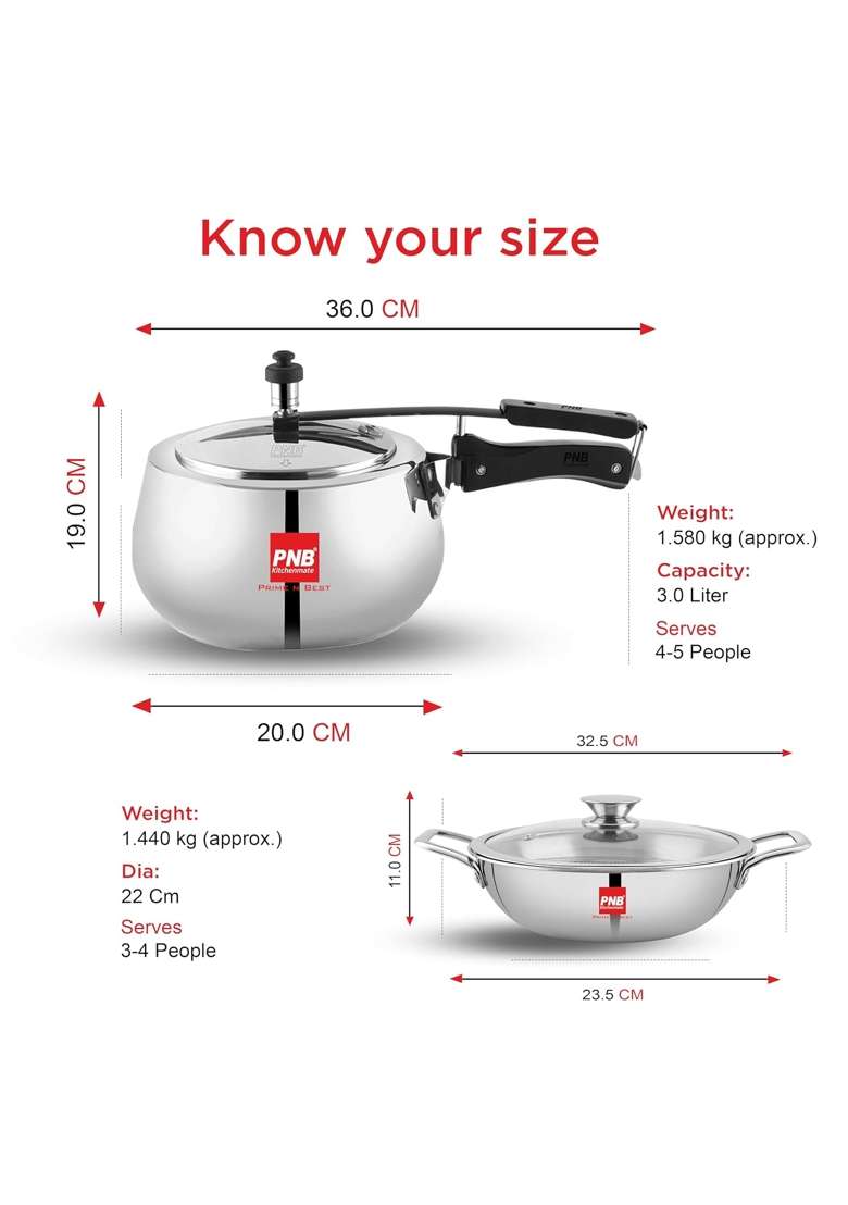 PNB Triply Cookware Combo | 3 L | 3.2 Qt | 22 cm | 8.7 Inch | Induction Compatible - Indya
